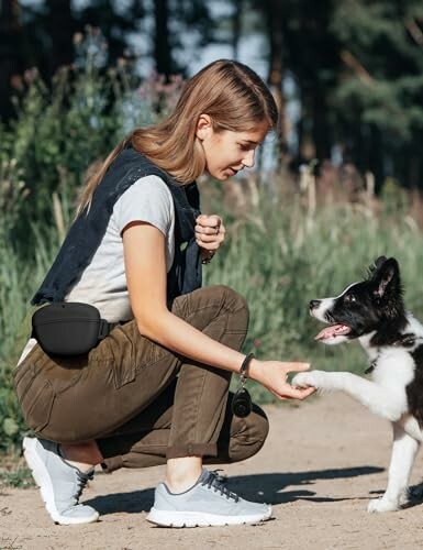 Woman kneeling and training a dog outdoors