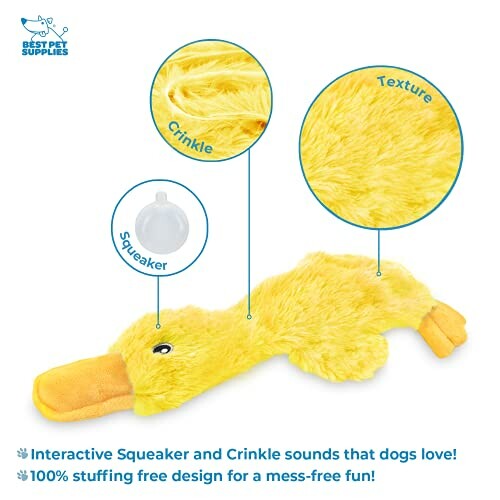 Yellow plush duck dog toy with squeaker and crinkle features.