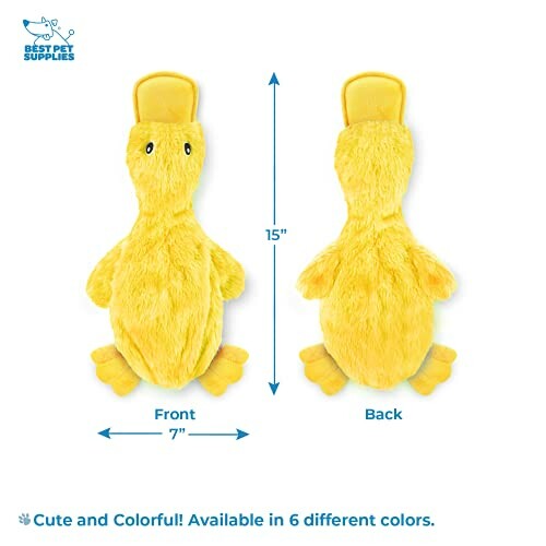 Yellow duck plush dog toy with front and back view, 15 inches tall.